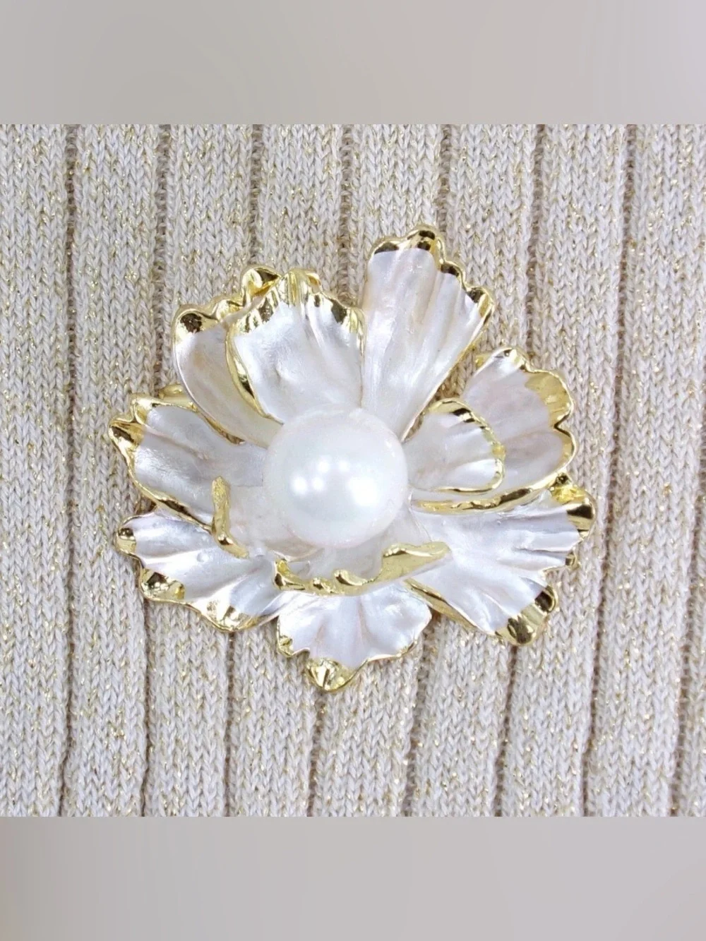 White Flower Brooch Pin with pearl center and gold trim. White floral fashion